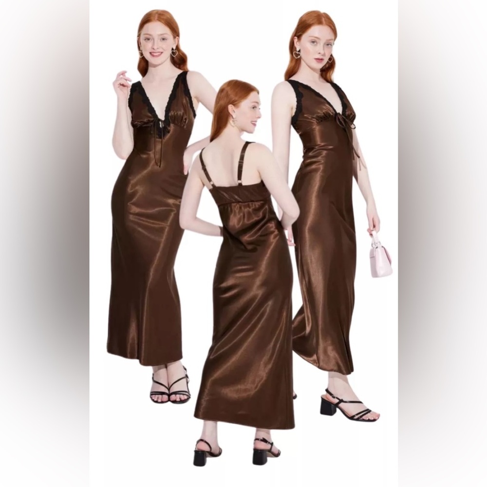 NWT Wild Fable Women's Satin Lace Trim Midi Slip Dress in a dark brown